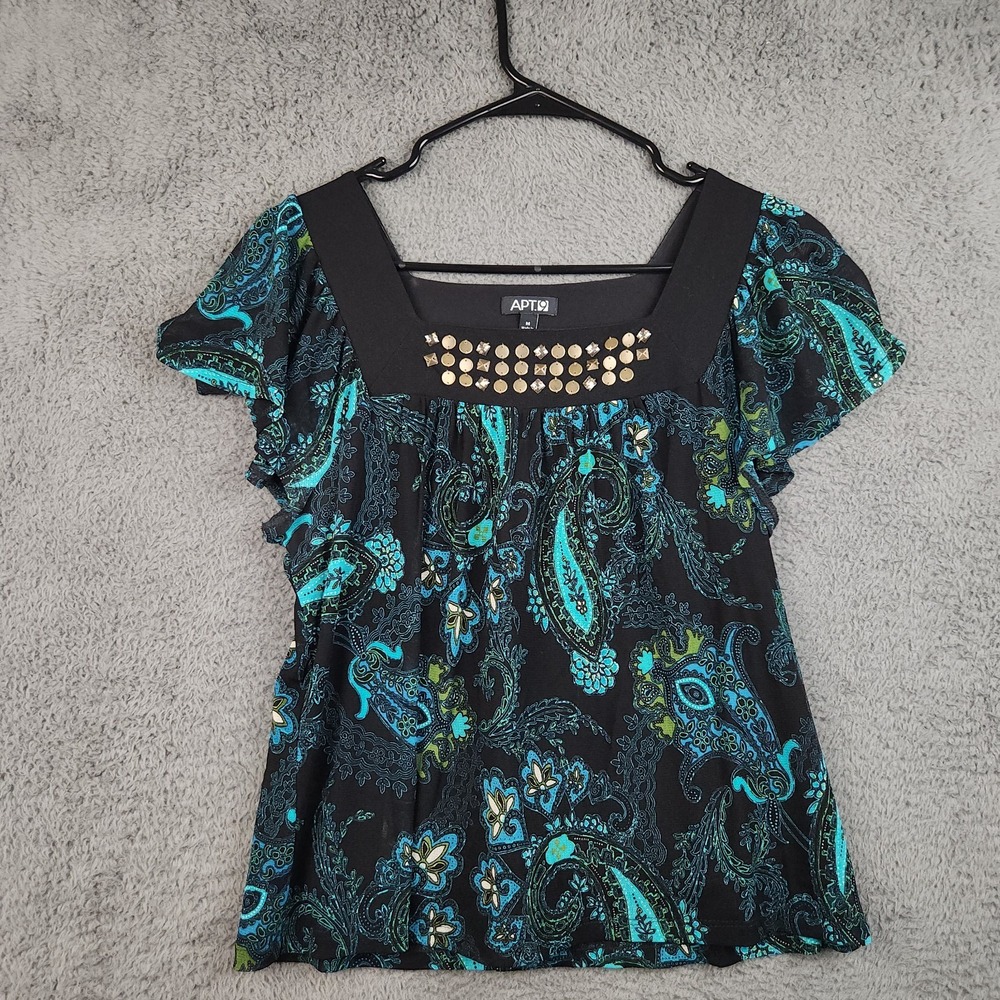 Babydoll Womens Top Medium Paisley Blouse Teal Black Square Neck Flutter Sleeve